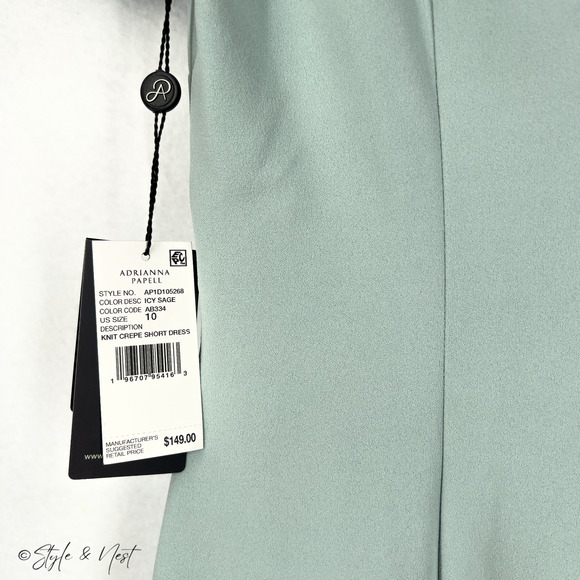 Adrianna Papell Women's Knit Crepe Dress ICY Sage Coquette Garden Party Size 10 - Picture 4 of 5